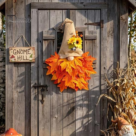 Front Door Hanging Wreath Autumn Gnome Maple Leaf with LED Lights, Rustic Pointed Hat Fall Hanging, Farmhouse Harvest Thanksgiving Home Decor Vintage