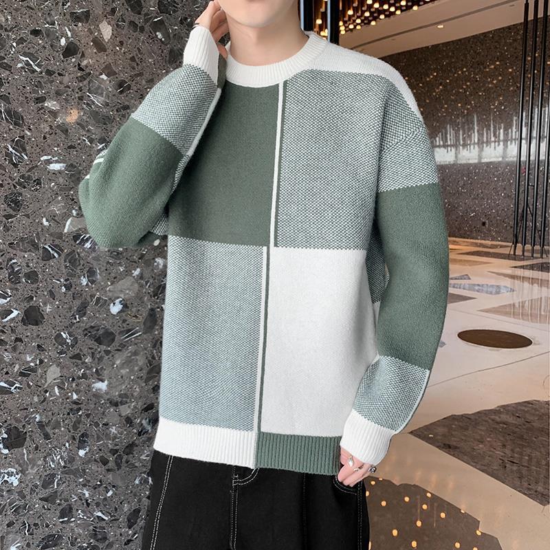 Autumn and winter micro-expansion plaid contrasting colors versatile casual fashion crew neck sweater men's knitted sweater men's top