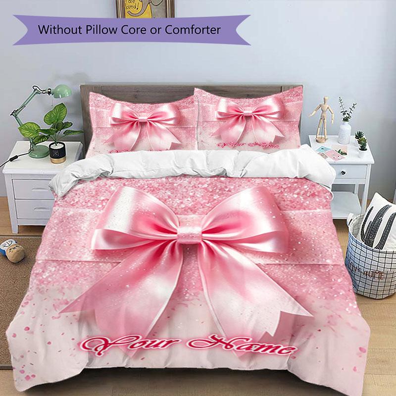 3PC Custom Name Pink Bow Celebration Bedding Set Printed Bedding Set Duvet Cover Closure Includes 1 Duvet Cover & 2 Pillowcases for All Seasons Bedroo