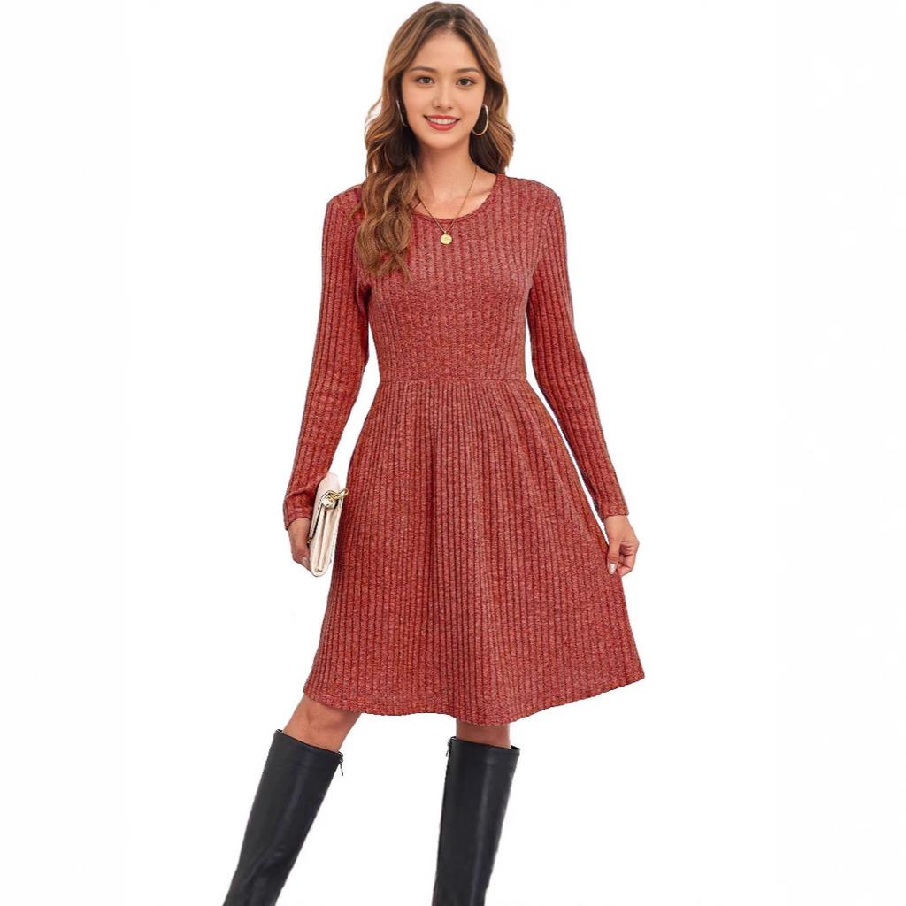 women's vertical ribbed cotton blend crew neck long sleeve midi a line knit sweater dress fall casual swing gown