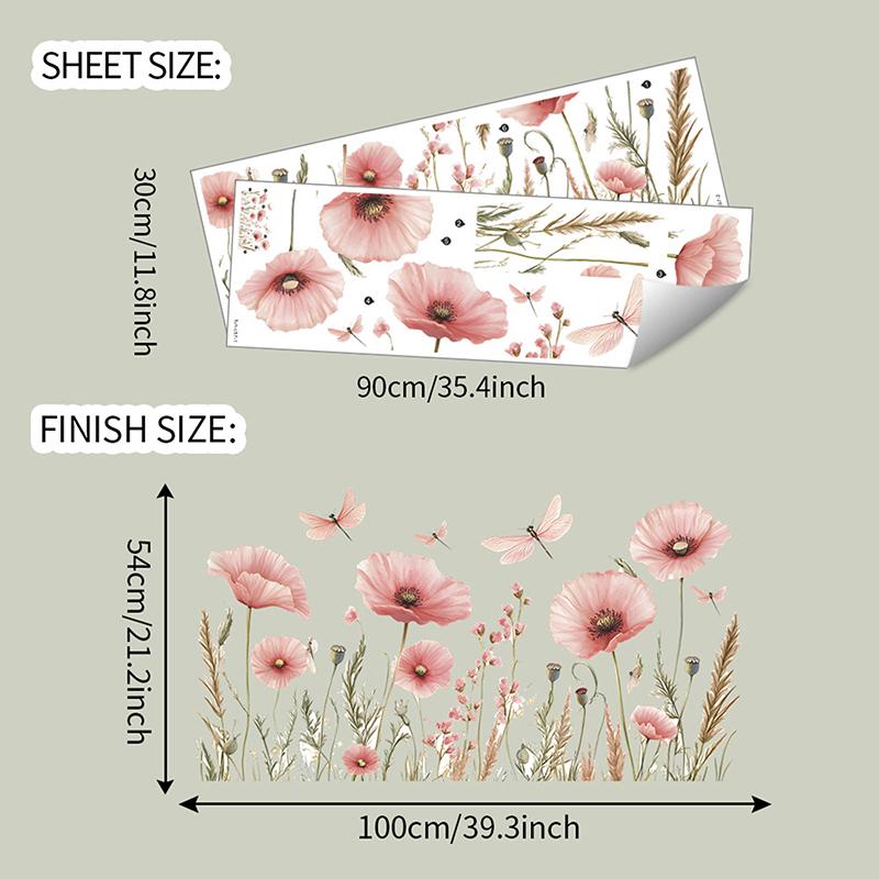 2Pcs Watercolor Pink Flower Dragonfly Bedroom Porch Background Wall Beautify Wall Sticker Room Decoration