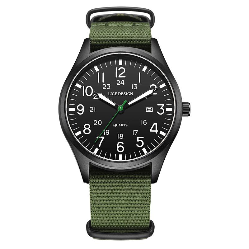 

LIGE Top Brand Luxury Men Quartz Watch Date Nylon Leather Waterproof Luminous Military Sports Watches For Men relogios masculino Black green Nylon