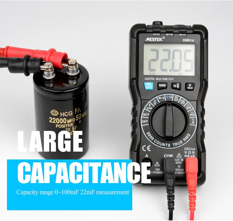 Mini Digital Multimeter9999 Counts True RMS Auto Range AC/DC Volt Amp Ohm Diode Continuity Capacitance Tester DM91A