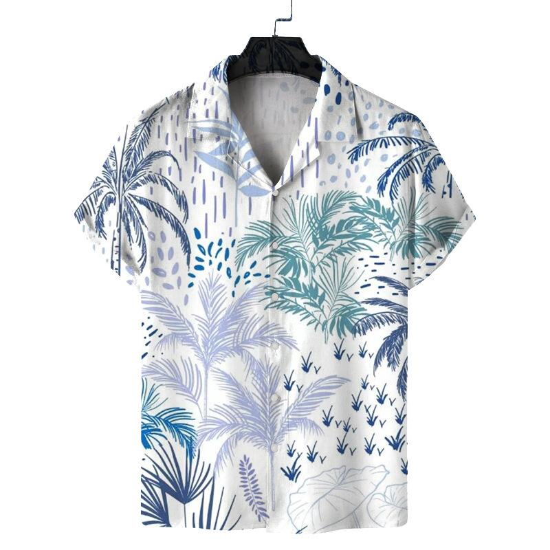 2025 Summer Men's Casual Coconut Tree Print Short Sleeve Polo Cardigan European And American Hawaiian Floral Shirt For Men