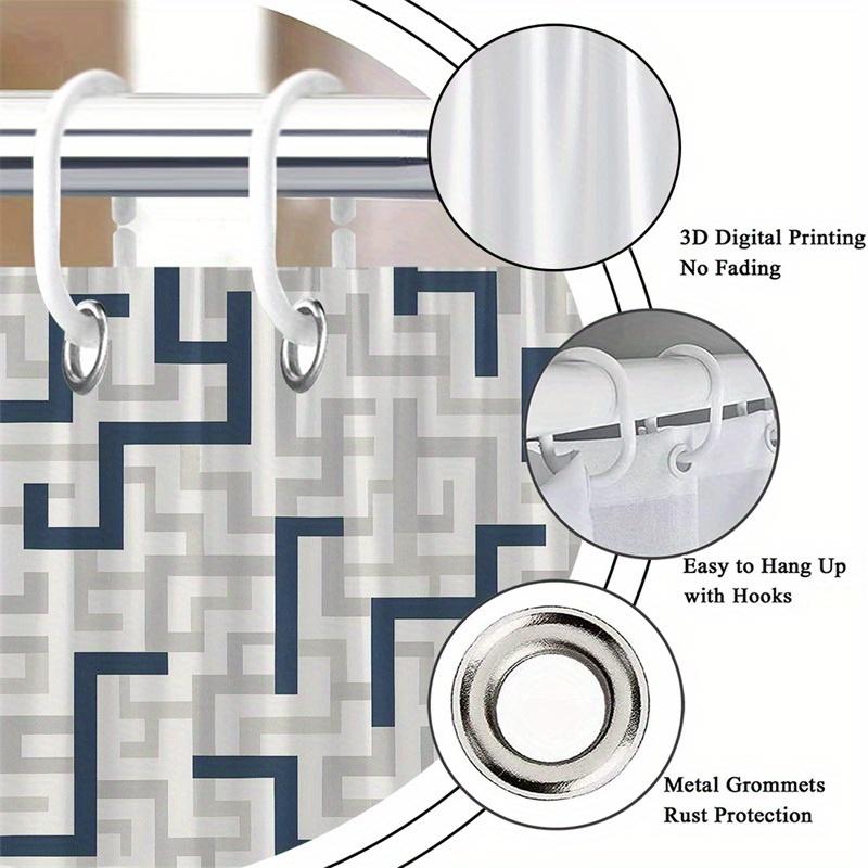 1Pc Blue-Grey Geometric Patterned Shower Curtain, Polyester Fabric, With Hooks, Machine Washable, Suitable For Bathroom Decor.