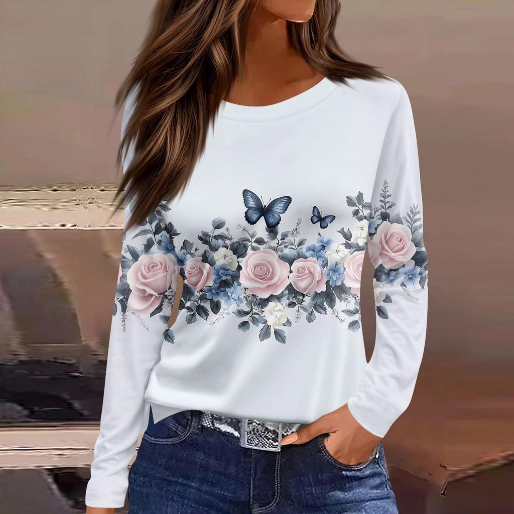 Women's Fashion Casual Slit Hem Round Neck Long Sleeve Loose Printed T-Shirt Ladies Top