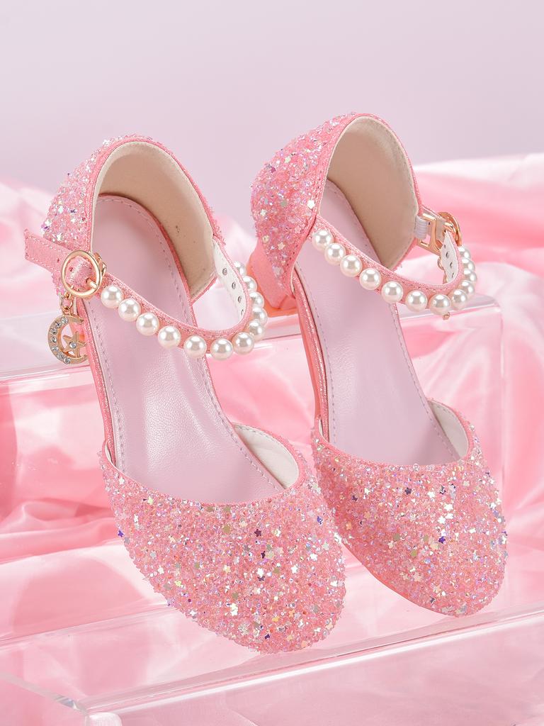 Sapatos de Salto Alto Estilo Princesa para Meninas Com Decoração de Pingente de Estrela Brilhante, Adequados Para Vestido e Festa de Aniversário