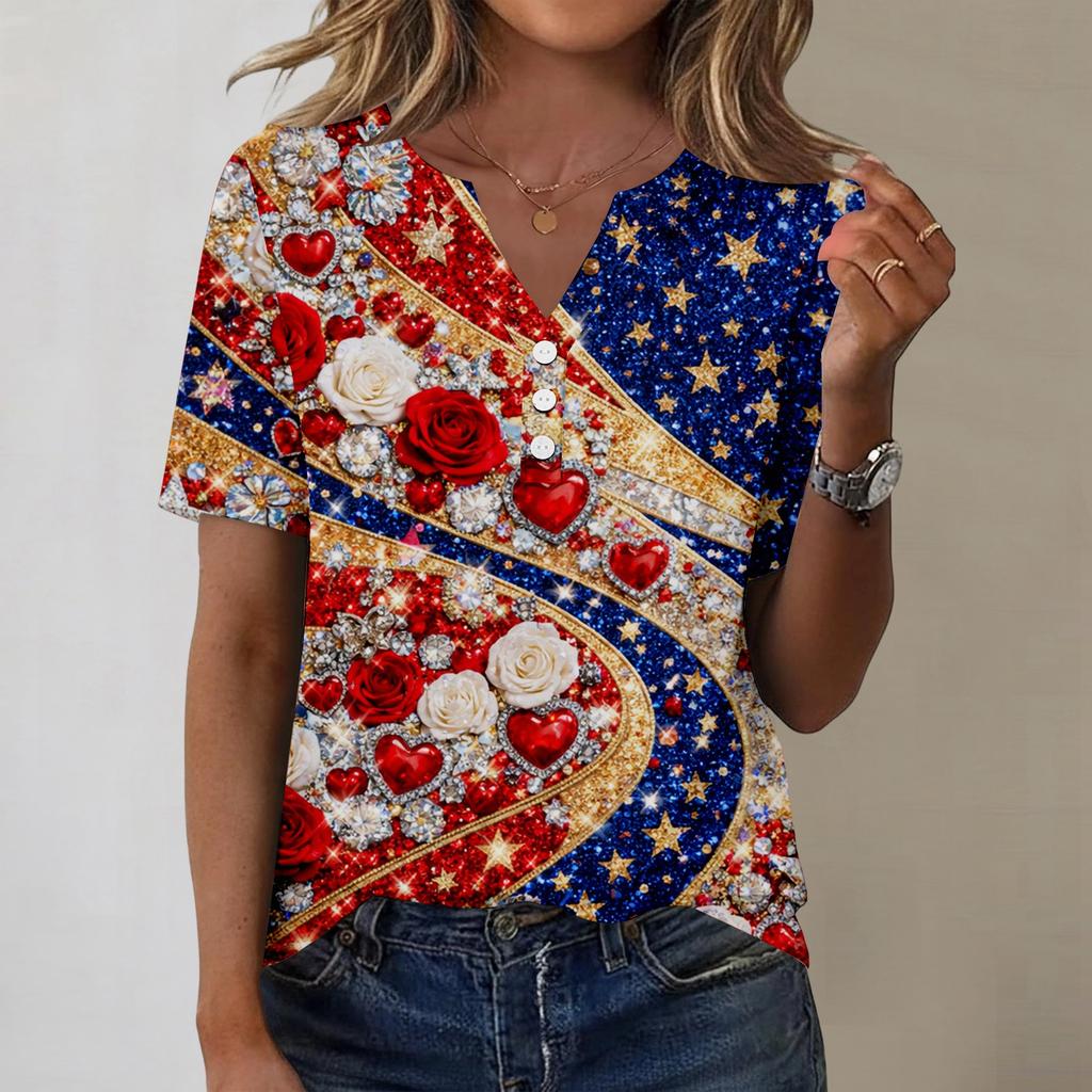 Women's fashionable casual short-sleeved Independence Day print V-neck top