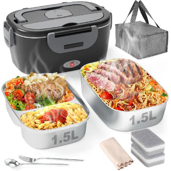 Electric Lunch Box for Men, Women & Adults - 80W Fast Heating - Heated Lunch Box with Dual 1.5L SS Containers - Portable Food Warmer for Car, Truck,
