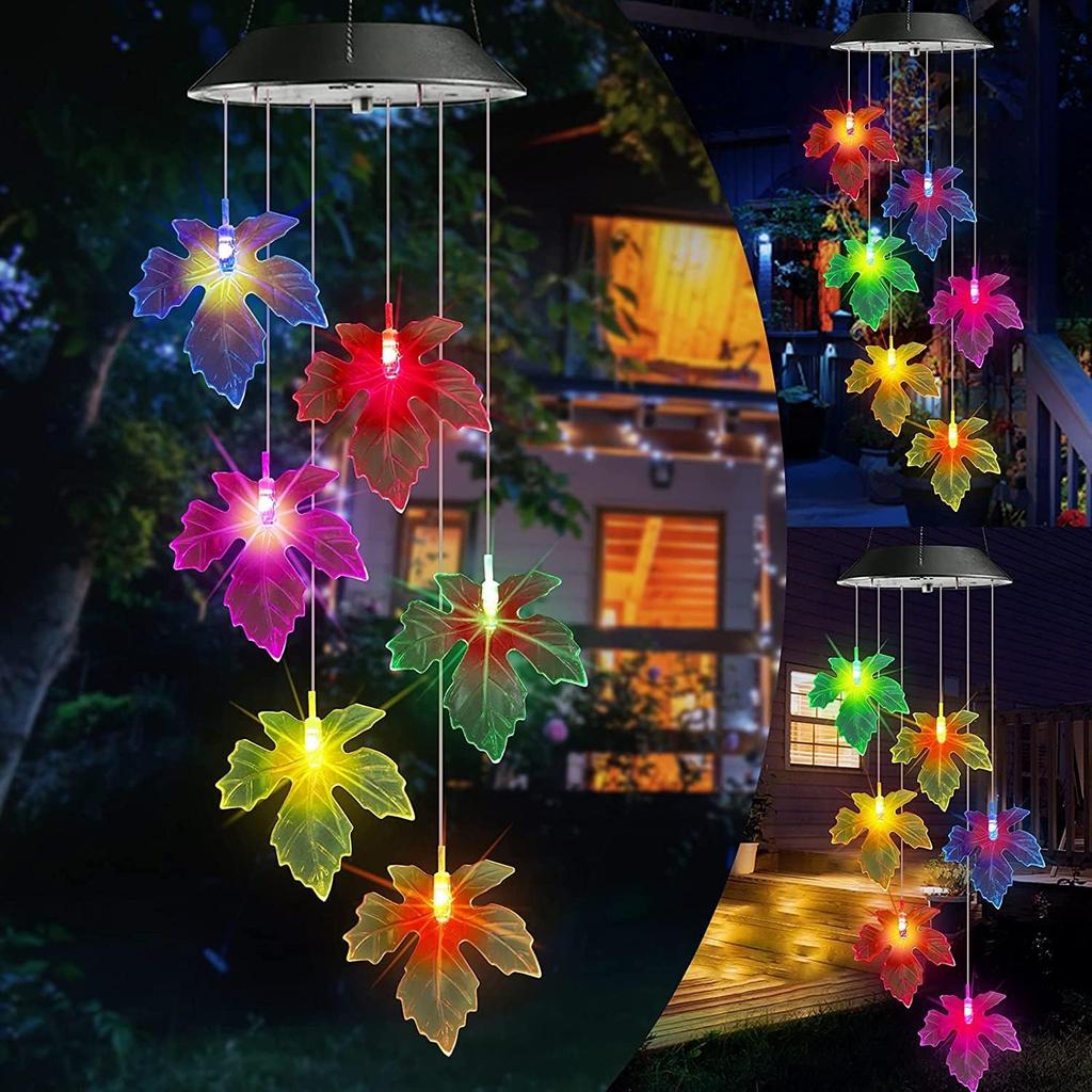 Solar Wind Chimes, Color Changing Solar Maple Leaf Wind Chimes, LED Mobile Wind Chimes, Waterproof Outdoor Wind Chime Lights for Garden, Patio,