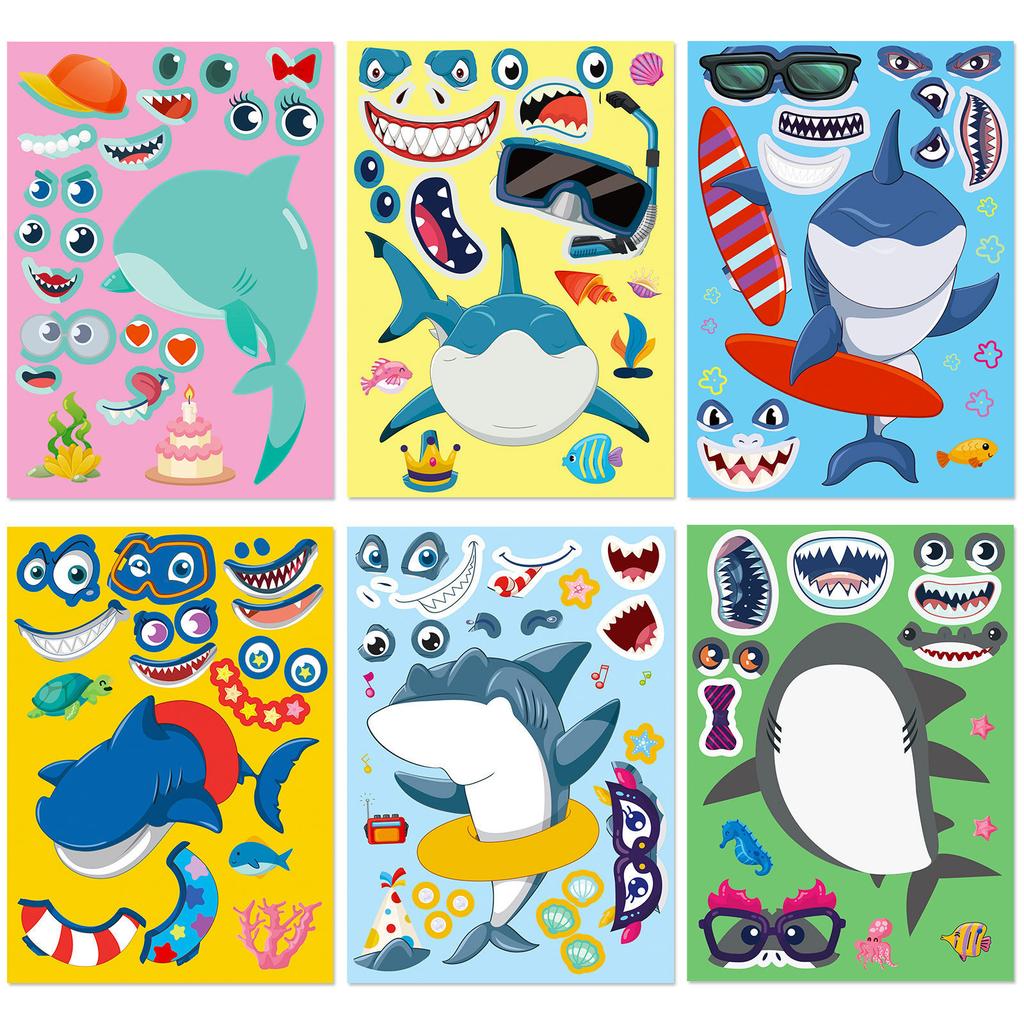 6 Stück/Packung Hai-Gesichts-Tausch-Puzzle-Aufkleber, DIY-Persönlichkeitsaufkleber, Meereslebewesen-Aufkleber