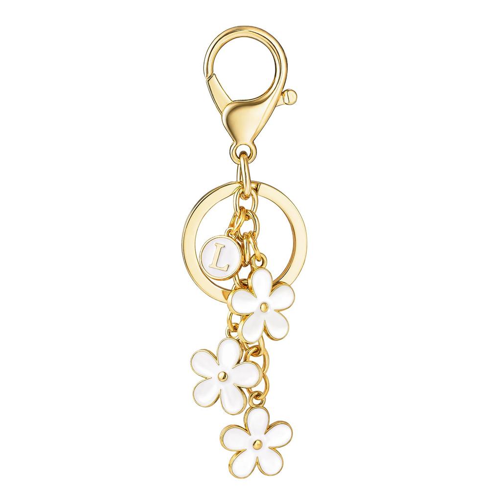 Initial Keychain White/Pink Flower Charms for Key Cute Letter Keyring for Handbag Backpack Key Ring Accessories