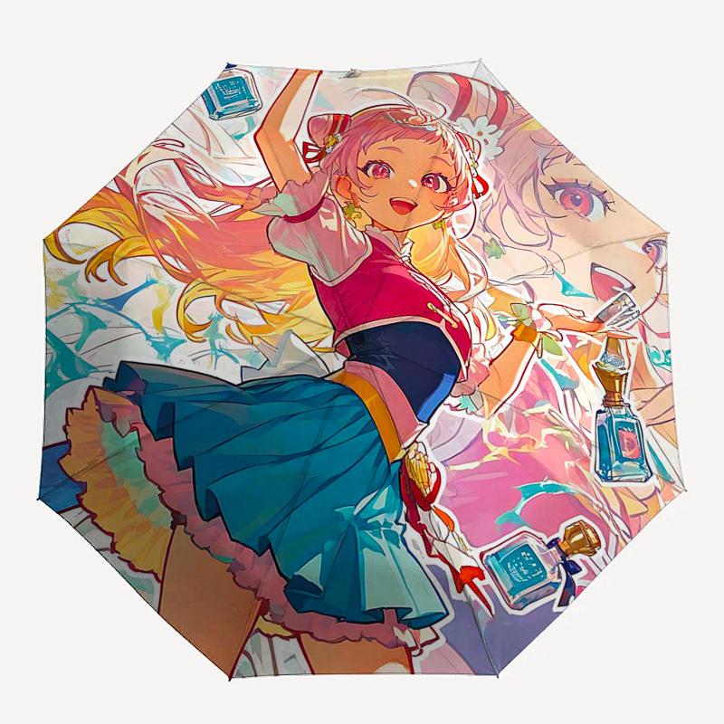 1 Stück Outdoor-Schirm mit Anime-Mädchen und Parfümflaschen-Aufdruck - Automatisches Öffnen/Schließen, Tragbares 3-fach faltbares Design, 8-Rippen-Eisenrahmen - Perfektes Geschenk