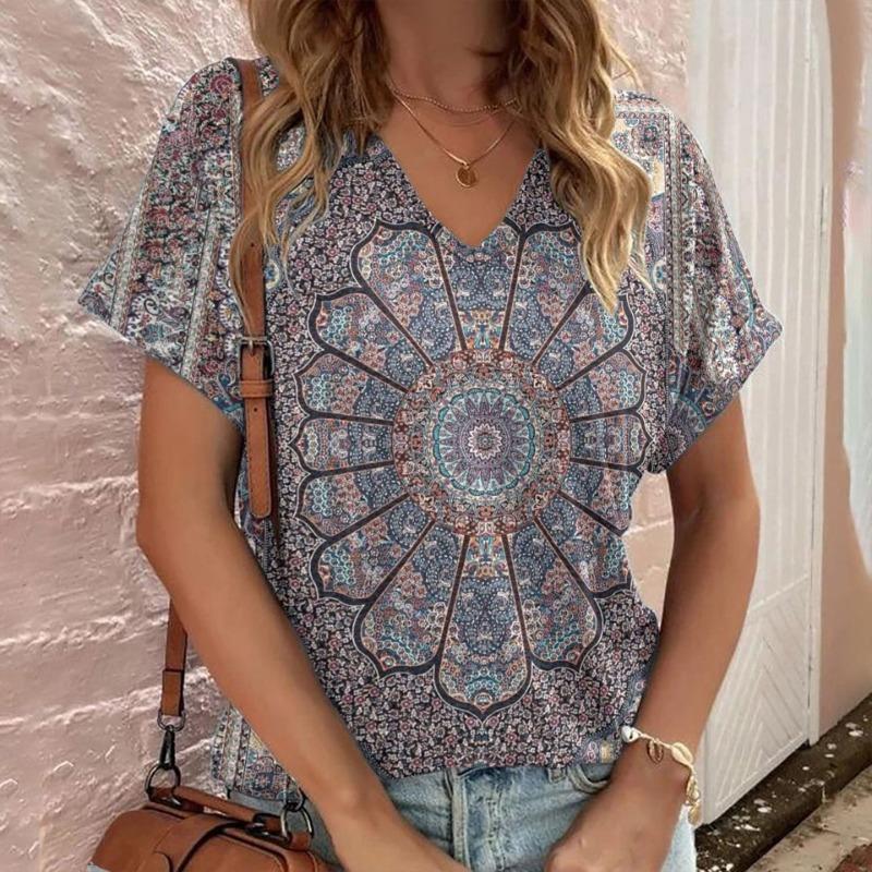 Casual Bohemian Print Women's Short Sleeve V-Neck Top T-Shirt