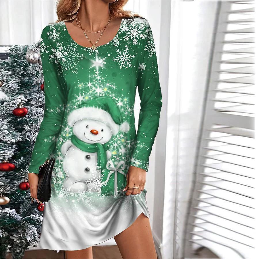 Christmas Snowman Pattern Women Fashion Mini Dresses Autumn Winter Long Sleeve 3d Printed Street Christmas Style Ladies Dress