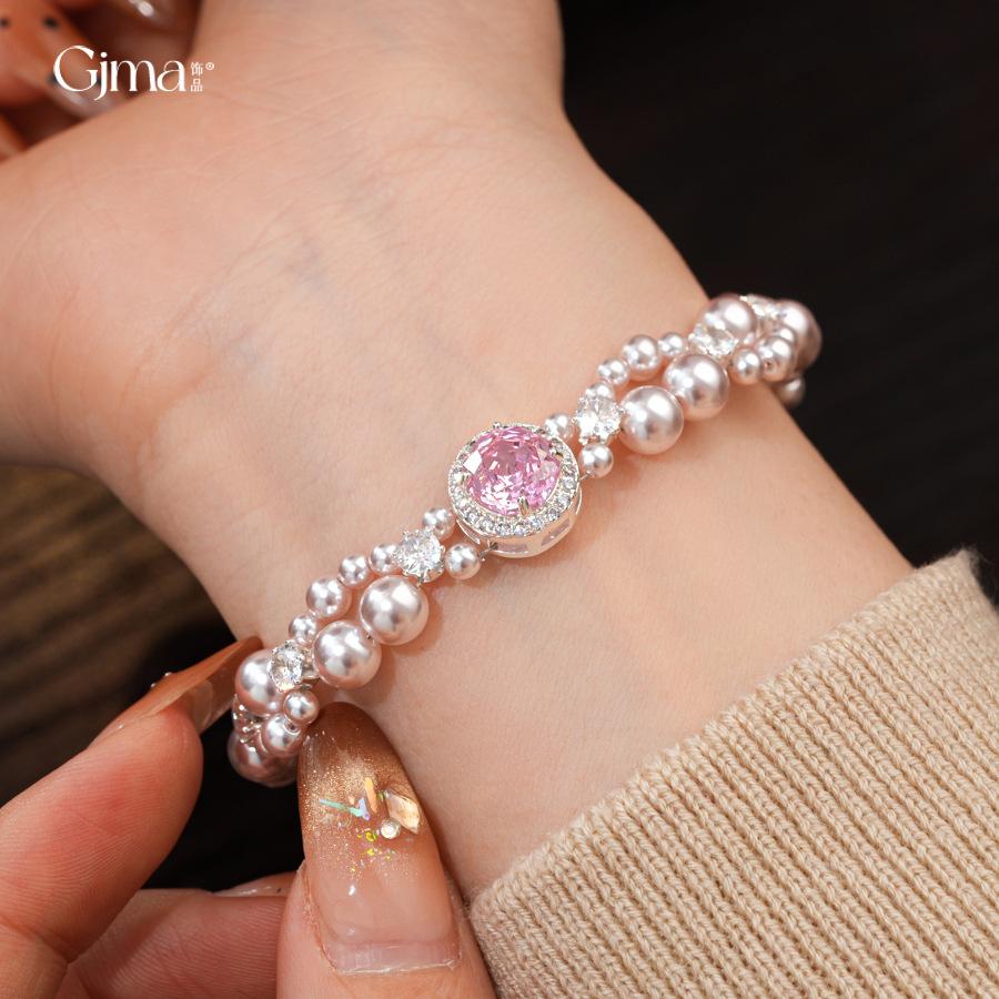 Korean sweet zircon geometric double-layer splicing pearl bracelet bracelet fashion exquisite jewelry women
