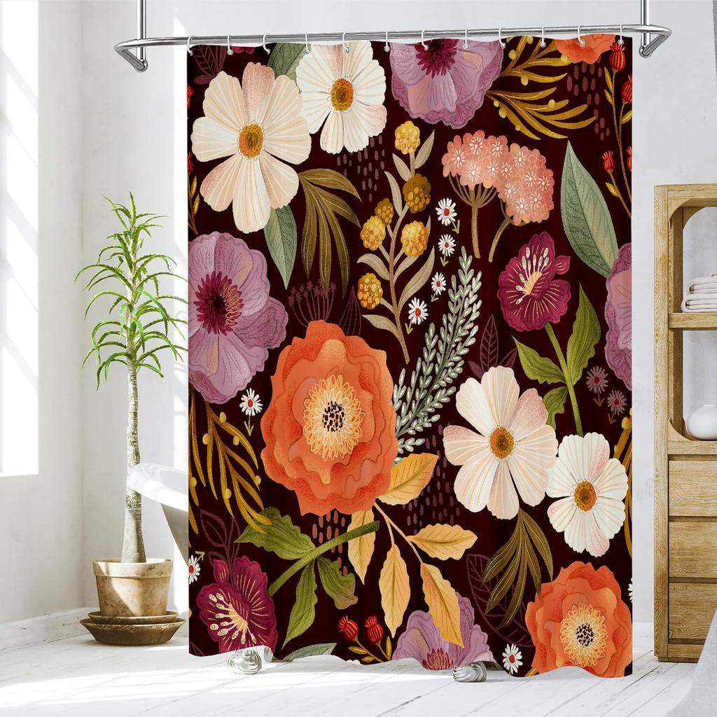MitoVilla Boho Floral Shower Curtain, Abstract Plant Leaves Shower Curtains for Chic Elegant Bathroom Decor, Luxury Fabric Clo