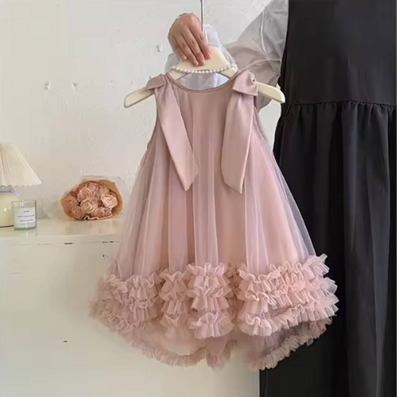 

Летнее корейское платье без рукавов с бантом, однотонное, милое, нежное, принцессы, детская мода 100cm розовый