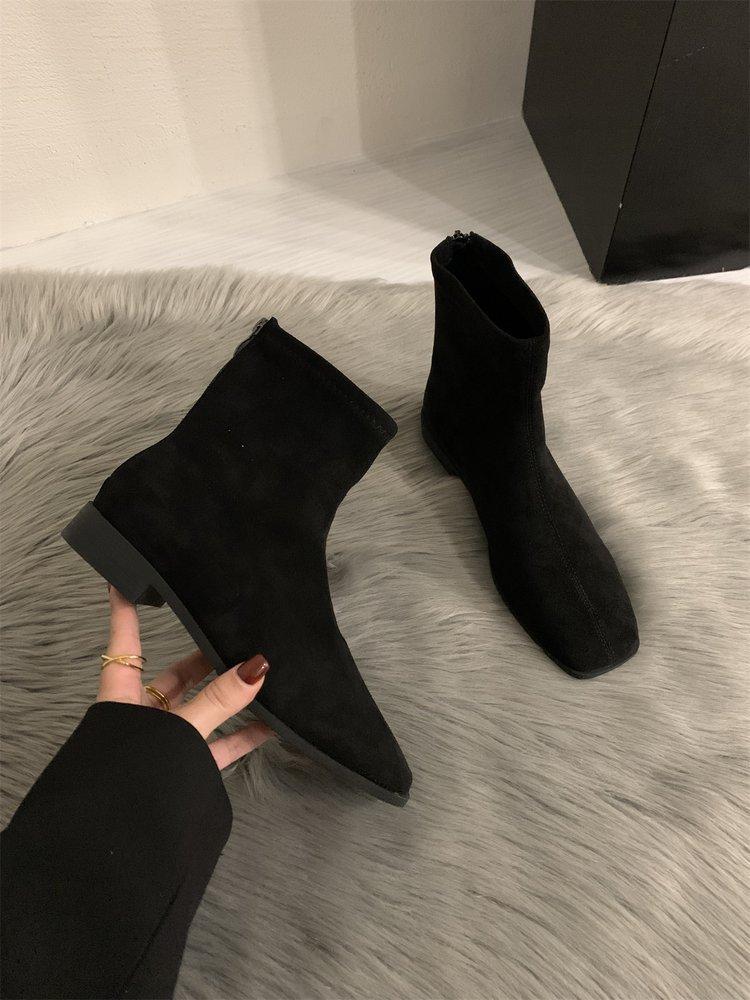 Korean retro square head suede thick heel heightened thin short boots autumn and winter