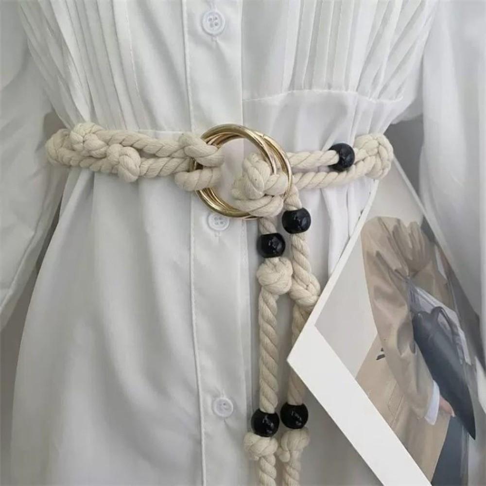 Ethnic Style Rope Waistband Beads Pack Thread Waist Belt Creative Coarse Rope Belt  Dress Jeans