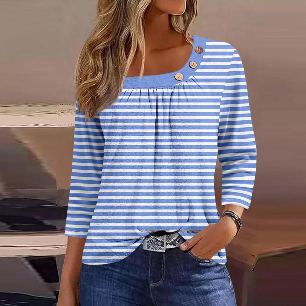 Damen T-Shirt mit Aufdruck, Knopfleiste, 3/4-Ärmel, für den Alltag, Wochenende, modisch, Basic, normale Passform