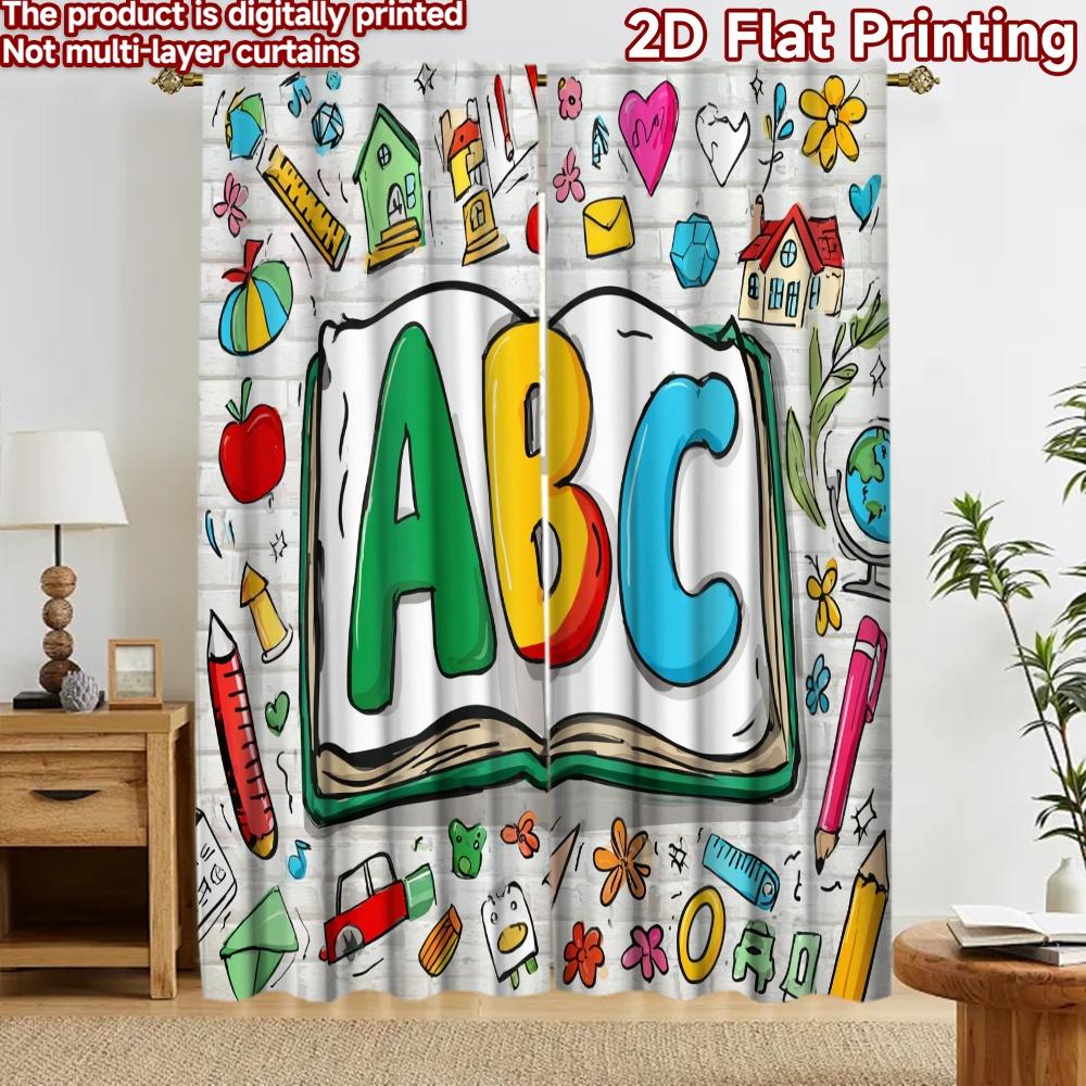 2D flat printing 2pcs Curtain Party Curtain School Learning ABC Digital Printed Polyester Drapes Festive Wall Decor for Indoor