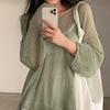 Spring Summer Long Sleeved Knitted Sunscreen Shirt See Through Retro Casual Simple Loose Hollow Out Thin Blouse V Neck Solid Color Top Clothing