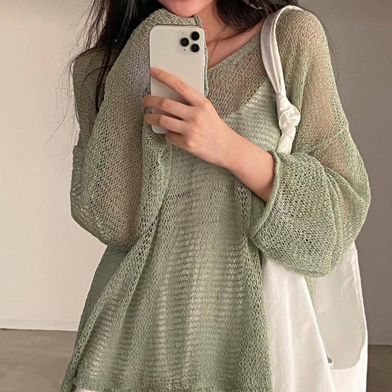 Spring Summer Long Sleeved Knitted Sunscreen Shirt See Through Retro Casual Simple Loose Hollow Out Thin Blouse V Neck Solid Color Top Clothing