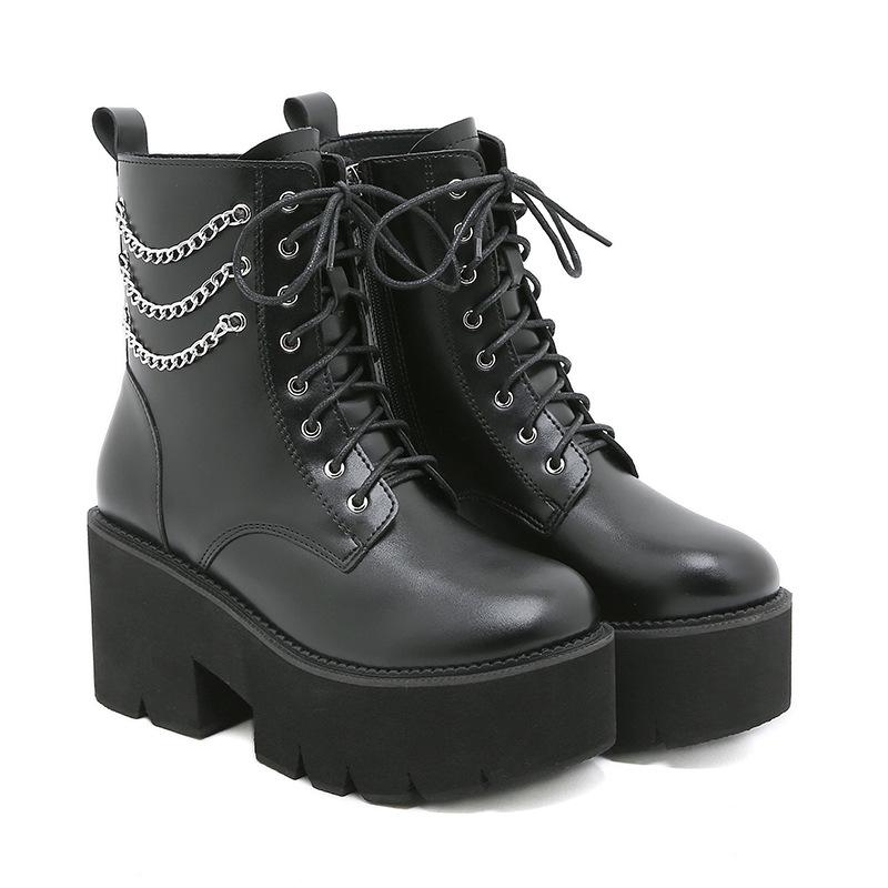 Autumn and Winter Martin Boots Pearl Chain Thick Bottom Side Zipper Women's Boots Front Lace Up Knight Boots Women's