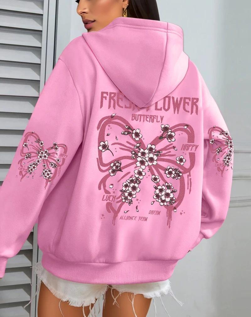 Fresh Butterfly Print Women's Hooded Sweatshirt - Autumn Loose Casual Fleece Pullover with Pockets.