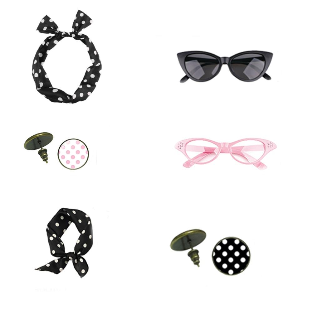PESENAR 50 s Women Costume Accessories Set Chiffon Scarf Polka Dot Bandana Tie Headband Retro Cat Eye glasses