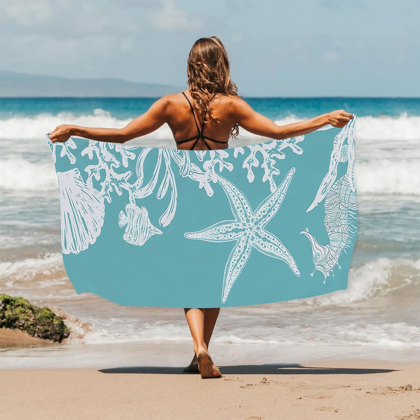 Ka Chen Muxi White Teal Ocean Starfish Seahorse Beach Towel Extra Large Quick Dry Microfiber Sand Free For Pool Travel Washable
