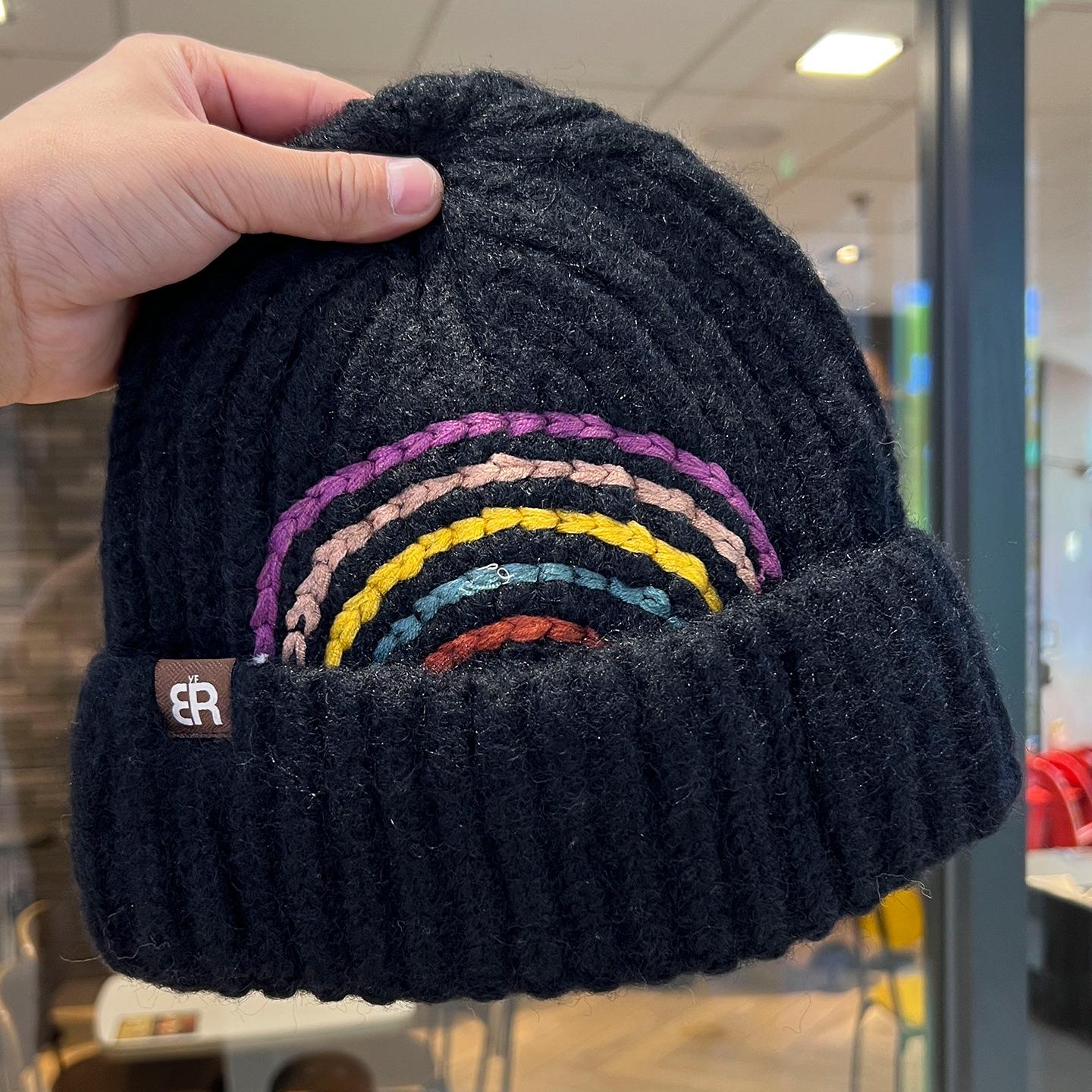 

Rainbow Striped Knitted Woolen Hat for Women in Autumn and Winter Versatile Ins Trendy American Style Cold Hat one size