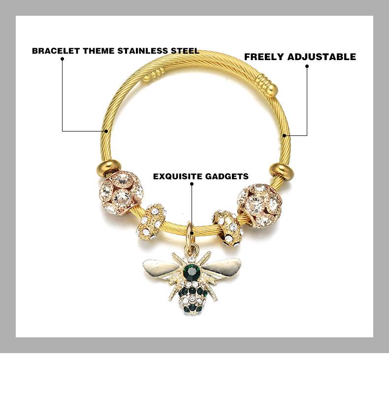 Titanstahl-Goldarmband, verstellbar, Biene, glänzender Diamant, Kugel, Geschenk für Freundinnen und Liebhaber