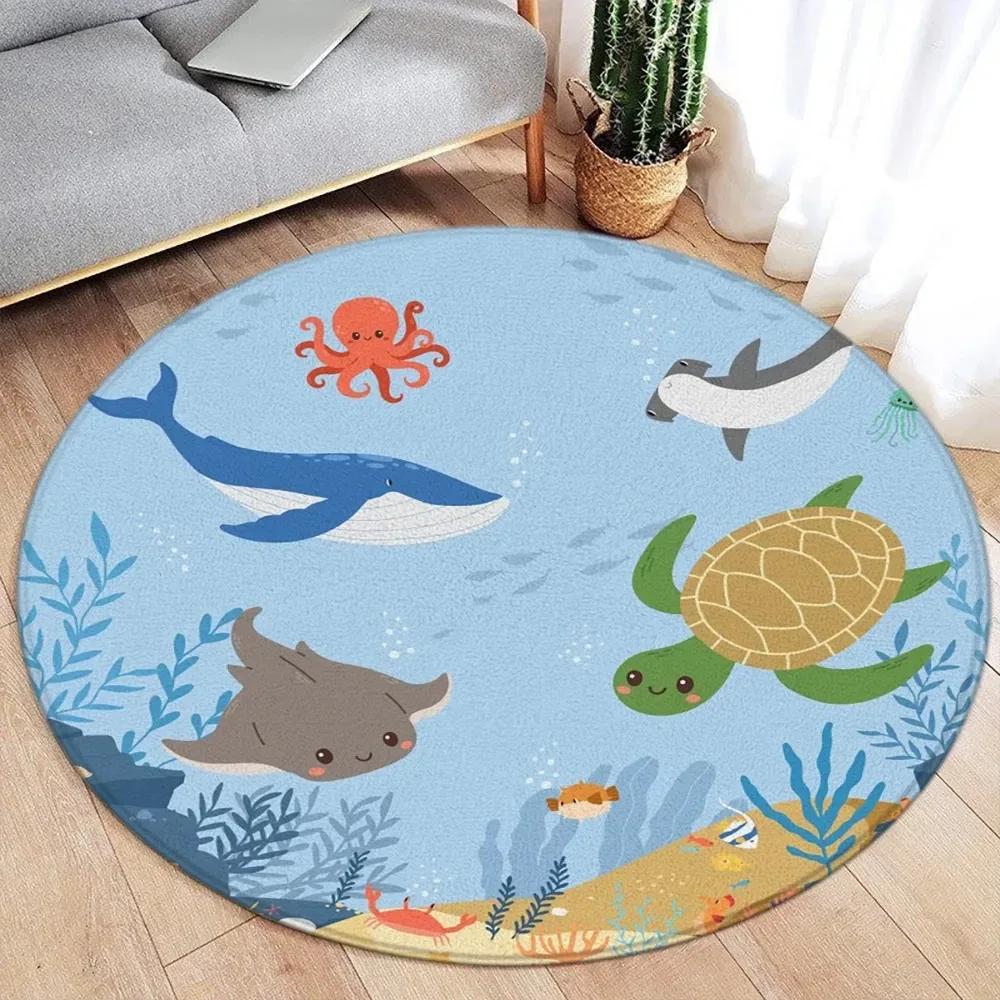 Wildlife Cartoon Animals Round Carpet Cute Dinosaur Whale Themed Kids Bedroom Rug Home Living Room Decorative Floor Mats