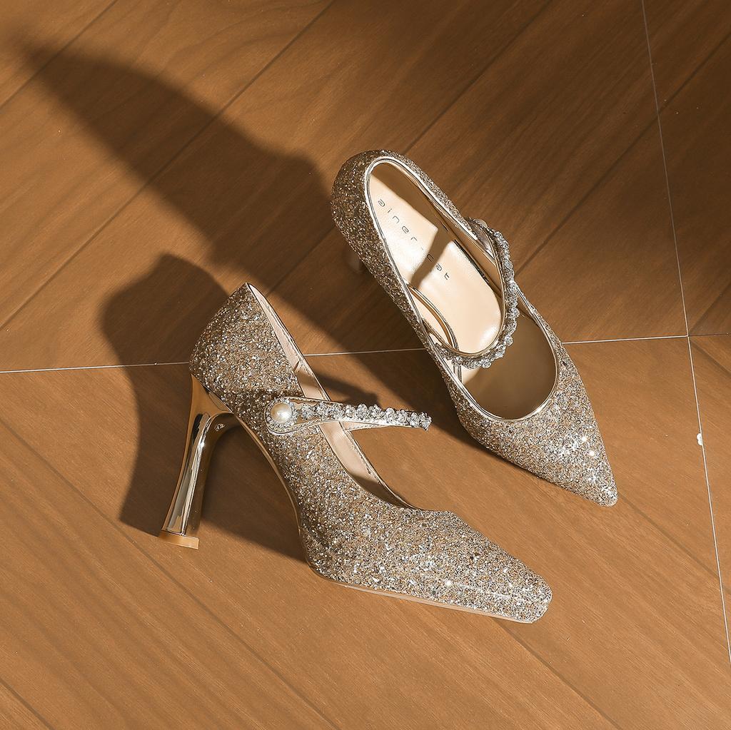 10525 [sheepskin] High Heels Women's Thick Heel 2025 New Wedding Shoes Pointed Silver Waterproof Table Single Shoes