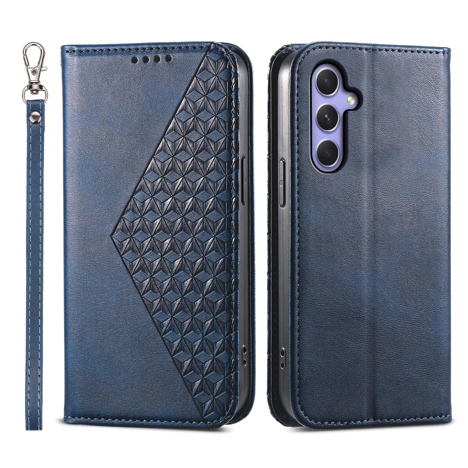 

For Samsung Galaxy A55 5G Case Leather Phone Cover Wallet Rhombus Imprinted Blue