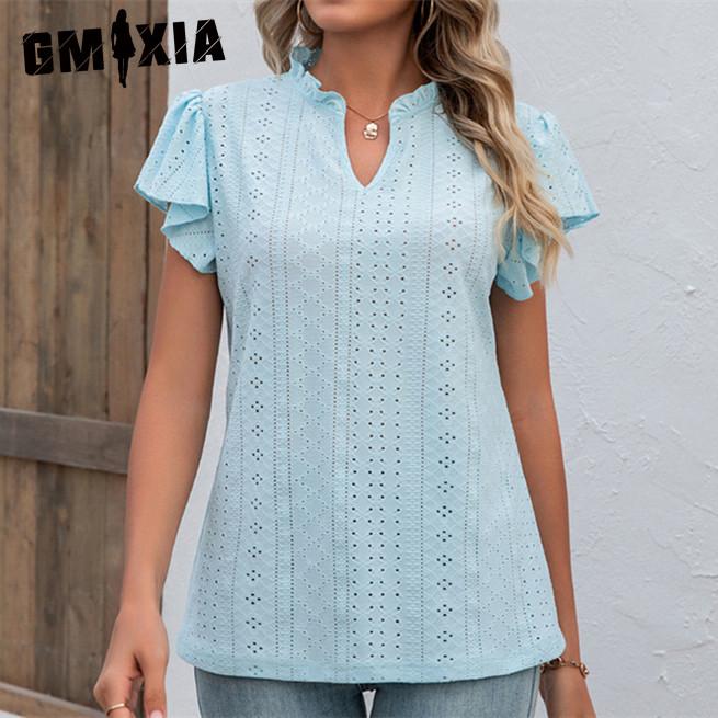 

GMXIA Женские модные повседневные однотонные блузки и рубашки с короткими рукавами и v-образным вырезом с принтом