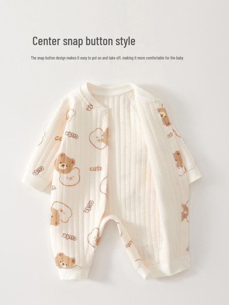 Trójwarstwowy pikowany bawełniany pajacyk piżama dla noworodka - Ciepły jesienno-zimowy homewear kombinezon do raczkowania