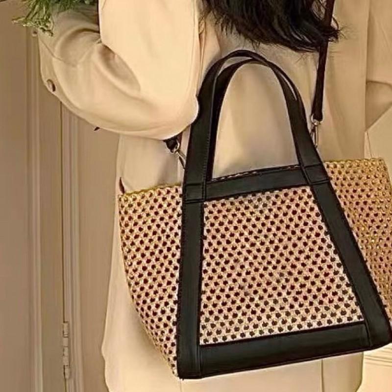 Womens 2025 Woven Straw Tote Bag Large Capacity Shoulder Minimalist Chic Design Soft PU Interior Casual Travel Use