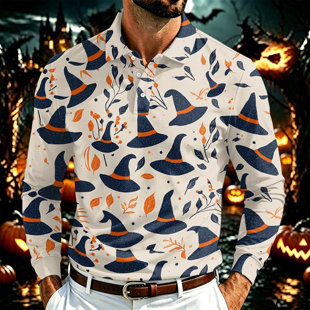 Herren Langarm Poloshirt Leichtes Atmungsaktives Netzgewebe Lässiges Hemd mit Knöpfen Halloween Geister-Aufdruck Design