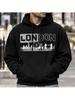 Unisex London Graphic Hoodie, British-Inspired Letter Print Drawstring Pullover with Long Sleeves for Fall Winter