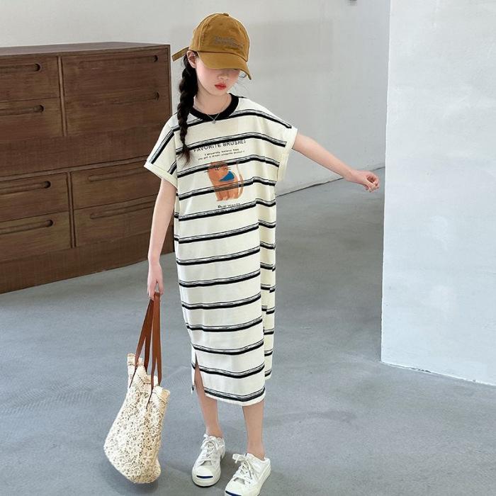 Girls Loose Fit Casual Striped Dress with Cute Print for Summer