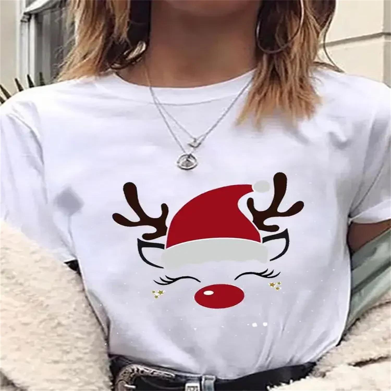 

Deer Cartoon Face Trend 90s Fashion New Year Christmas Tee Women Top T Shirt Clothing Clothes Holiday Printed Graphic T-shirts XXXXXL білий