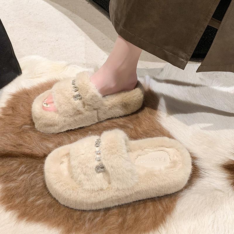 Premium sense versatile fluffy slippers women's autumn and winter new outer wear thick bottom heightening one-word cotton mop