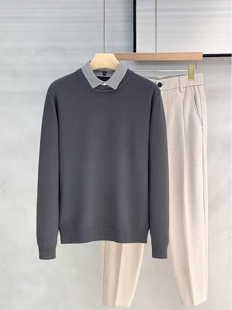 Men's High-End Faux Two-Piece Striped Sweater with Shirt Collar - Versatile Knit Base Layer for Autumn/Winter.