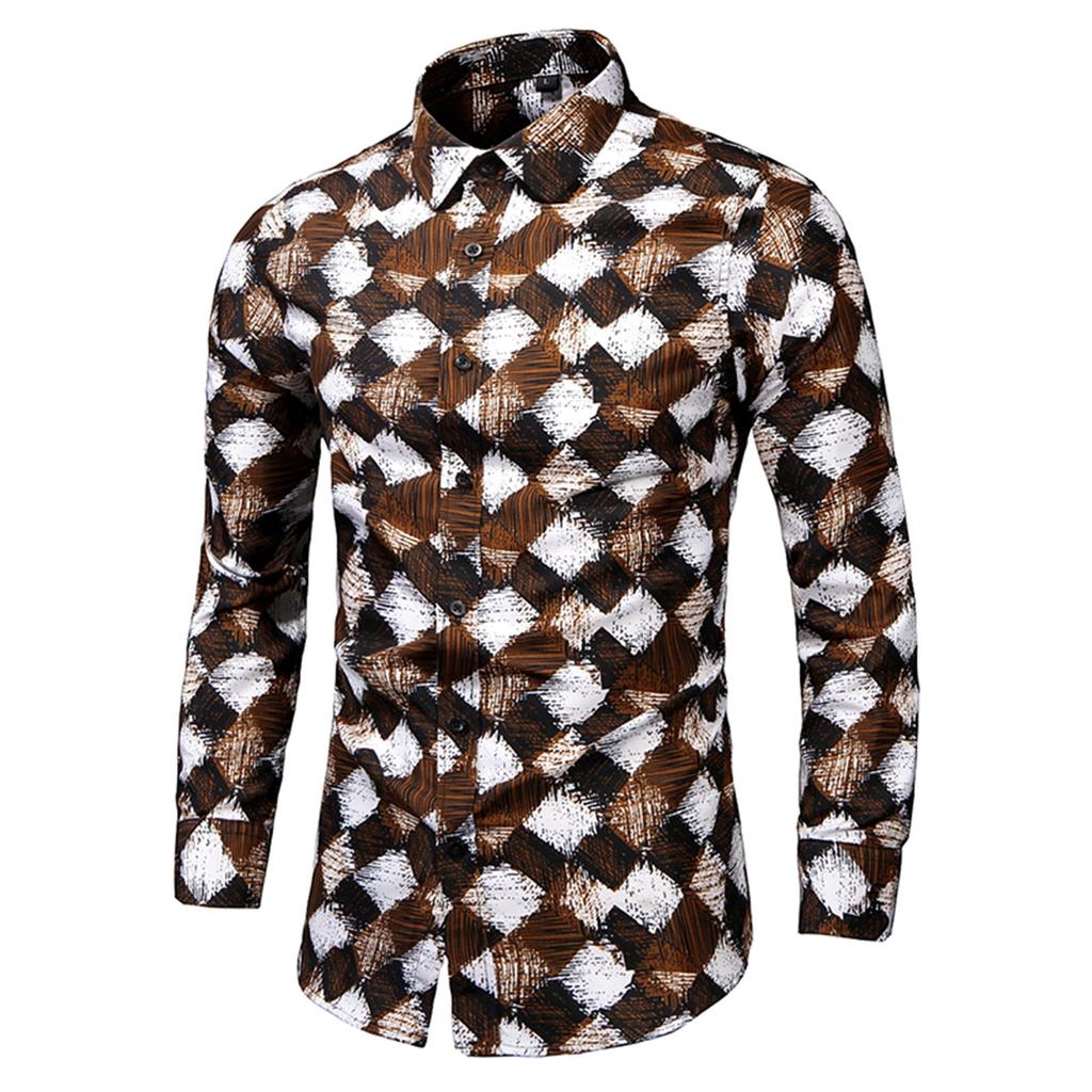 Men's Loose Print Long-sleeved Shirt Large Fashion Casual Beach Shirt Men