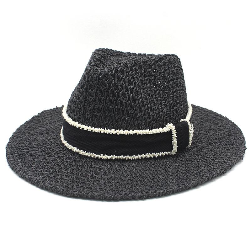 New product Xiaoxiangfeng hollow top hat beads ribbon British style handsome straw hat beach vacation sun hat