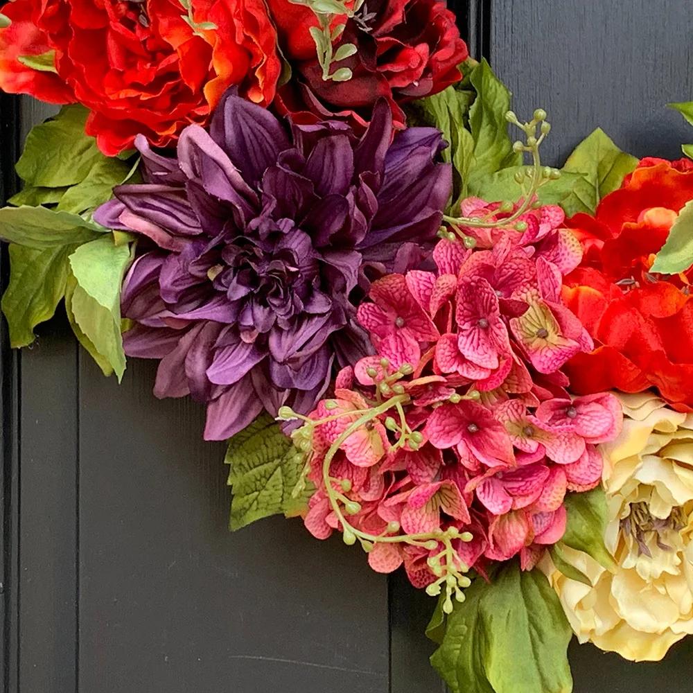 New Spring Summer Simulated Hydrangea Wreath Front Door Garland Colorful Simulated Peony Wreath Front Door Wall Hanging Decorati