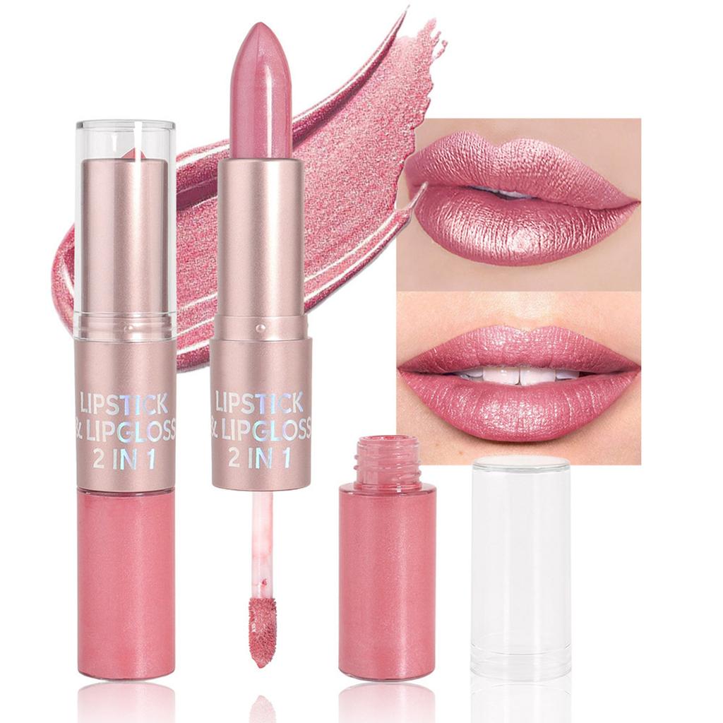 Damen Dual-Tip Lippenfarbe, Feuchtigkeitsspendendes Schimmer-Finish, Langanhaltender, Nicht Klebriger Flüssig-Lippstift, 2-in-1 Make-up Essential